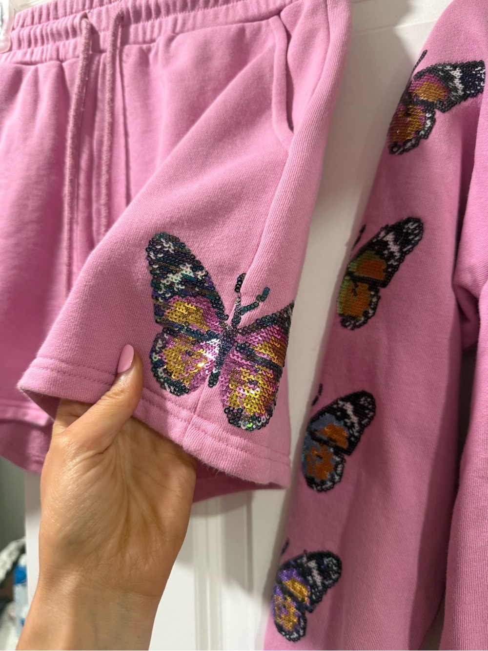 QUEEN OF SPARKLES Pink Sequin Butterfly Short Set